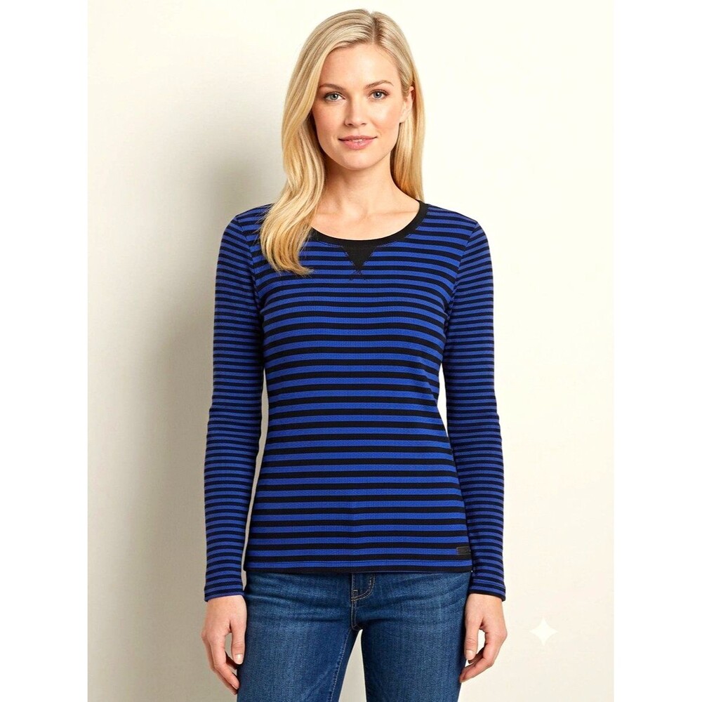Calvin Klein Performance Womens Top 2XL Blue Black Striped Knit Long Sleeve